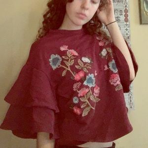 blue pepper ruffle sleeve embroidered floral top